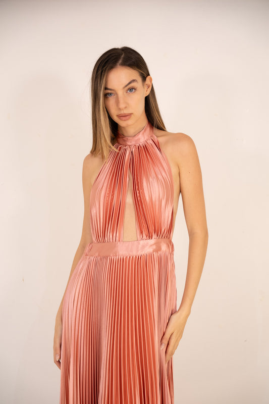 Rosé Pleated Halter Dress