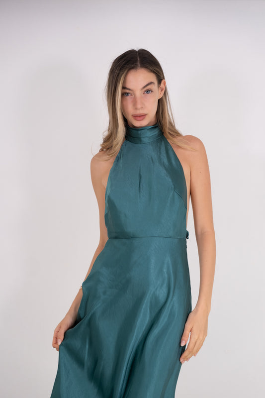 Green Open Back Pearl Silk Dress