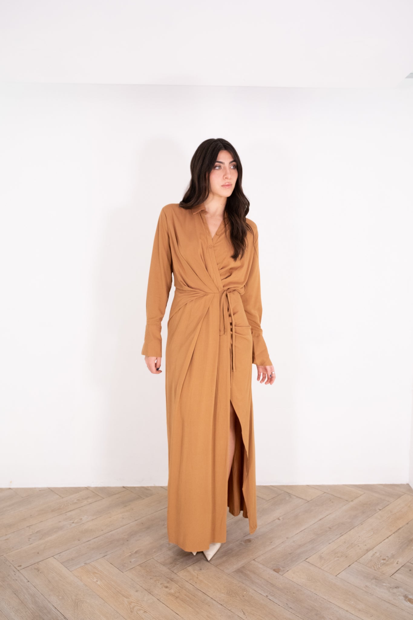 Caramel Solid Wrap Shirt Dress