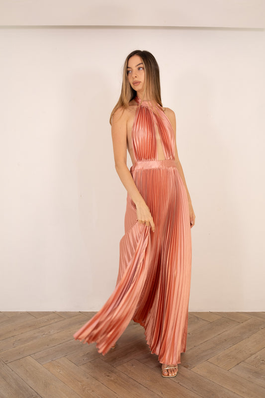 Rosé Pleated Halter Dress