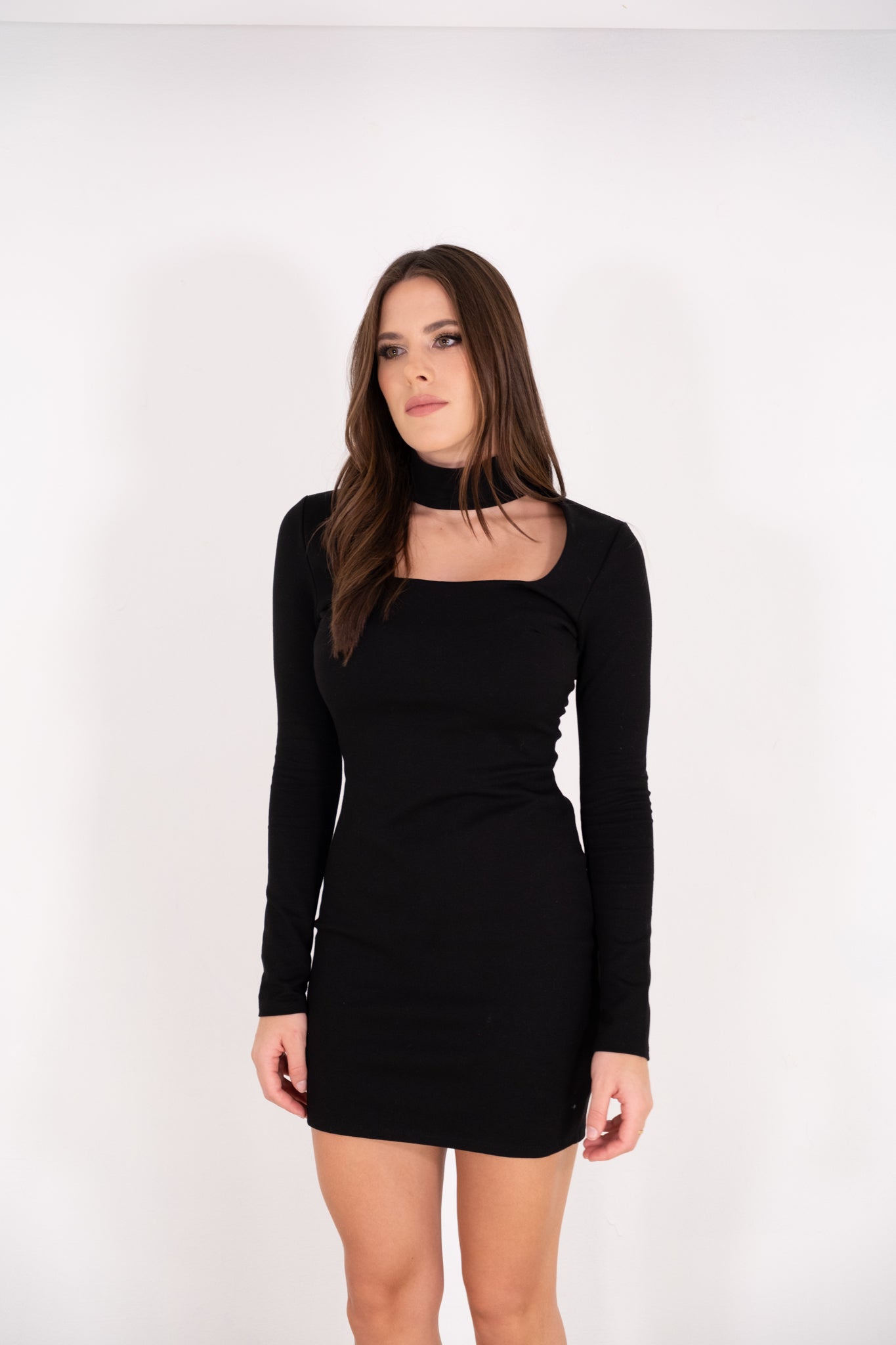 Black Neck Mini Long Sleeves Dress