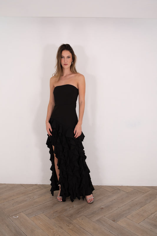 Black Ruffled Tube Maxi Dress