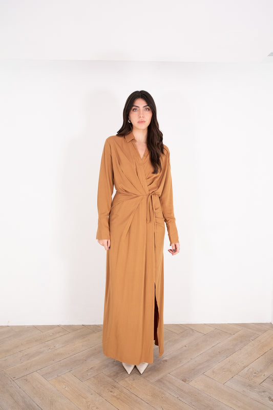 Caramel Solid Wrap Shirt Dress