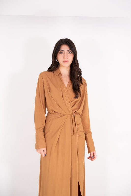 Caramel Solid Wrap Shirt Dress