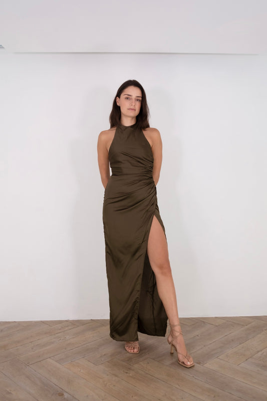 Olive Halter Silk Dress