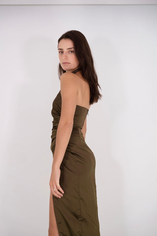 Olive Halter Silk Dress