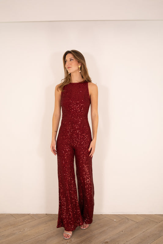 Wine Sequin Jumpsuit