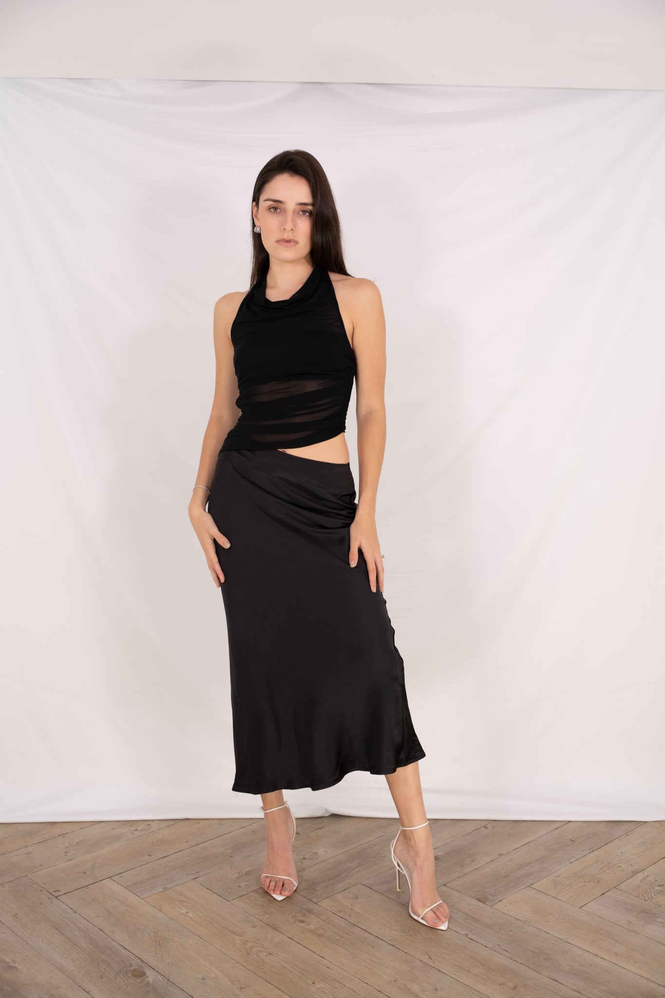 Black Mesh Halter Maxi Dress