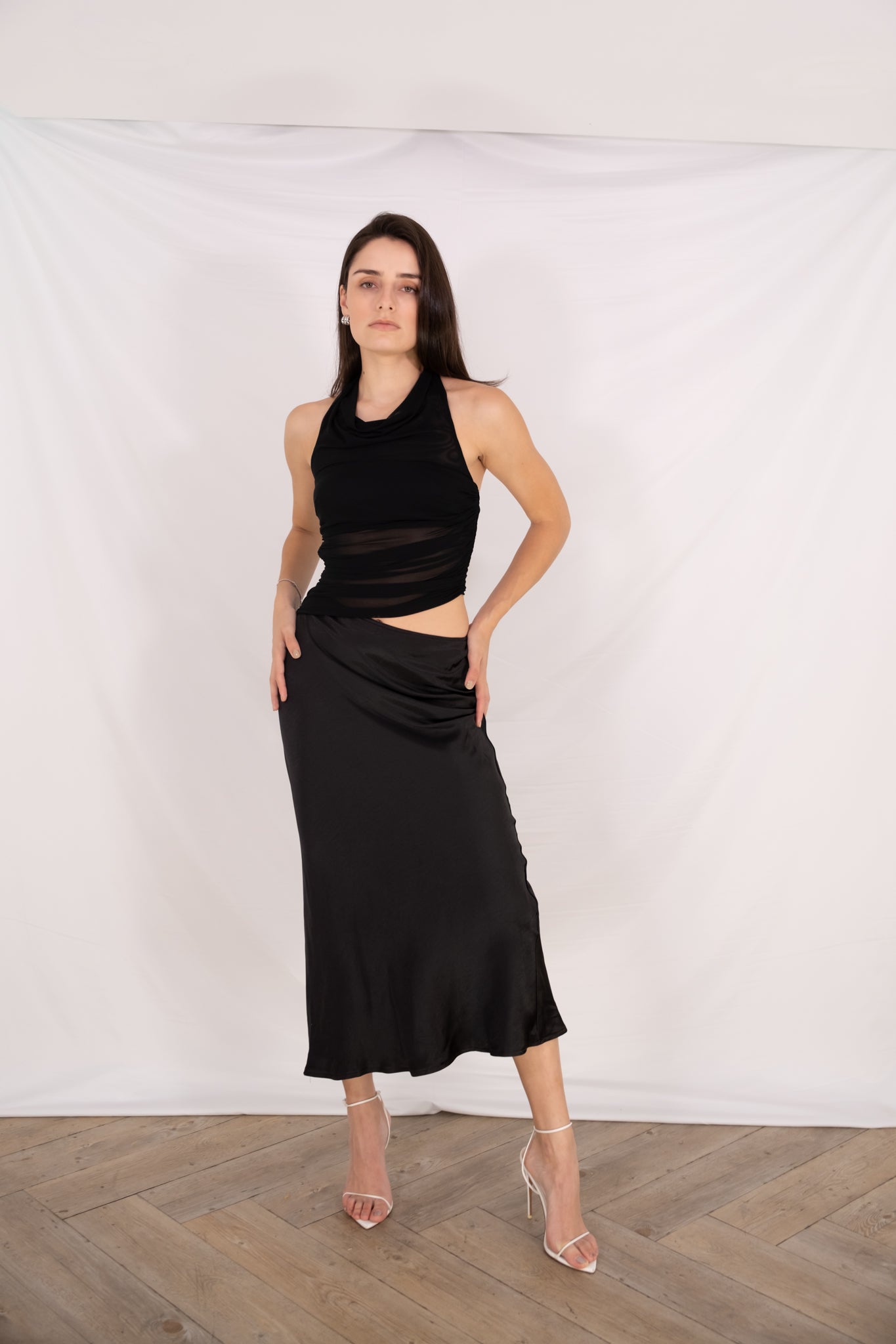 Black Mesh Halter Maxi Dress