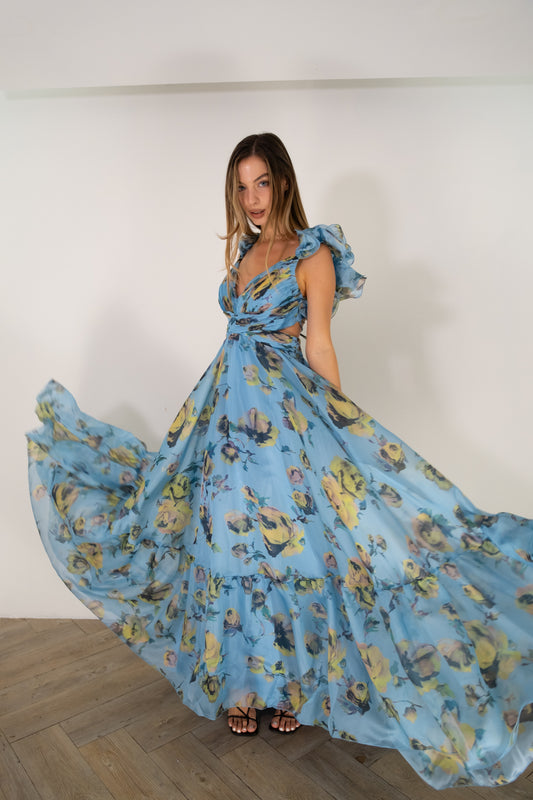 Blue Organza Floral Tulle Dress