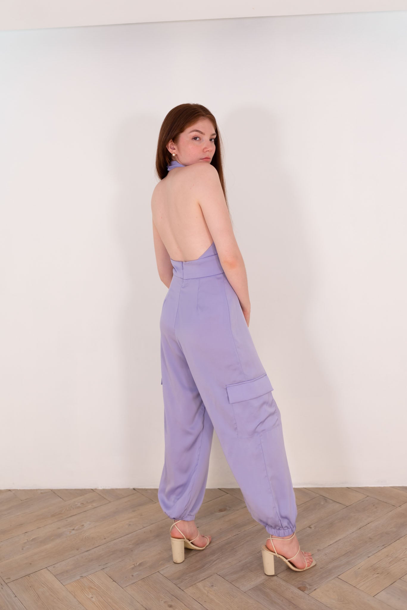 Lavender Satin Cargo Jumpsuit