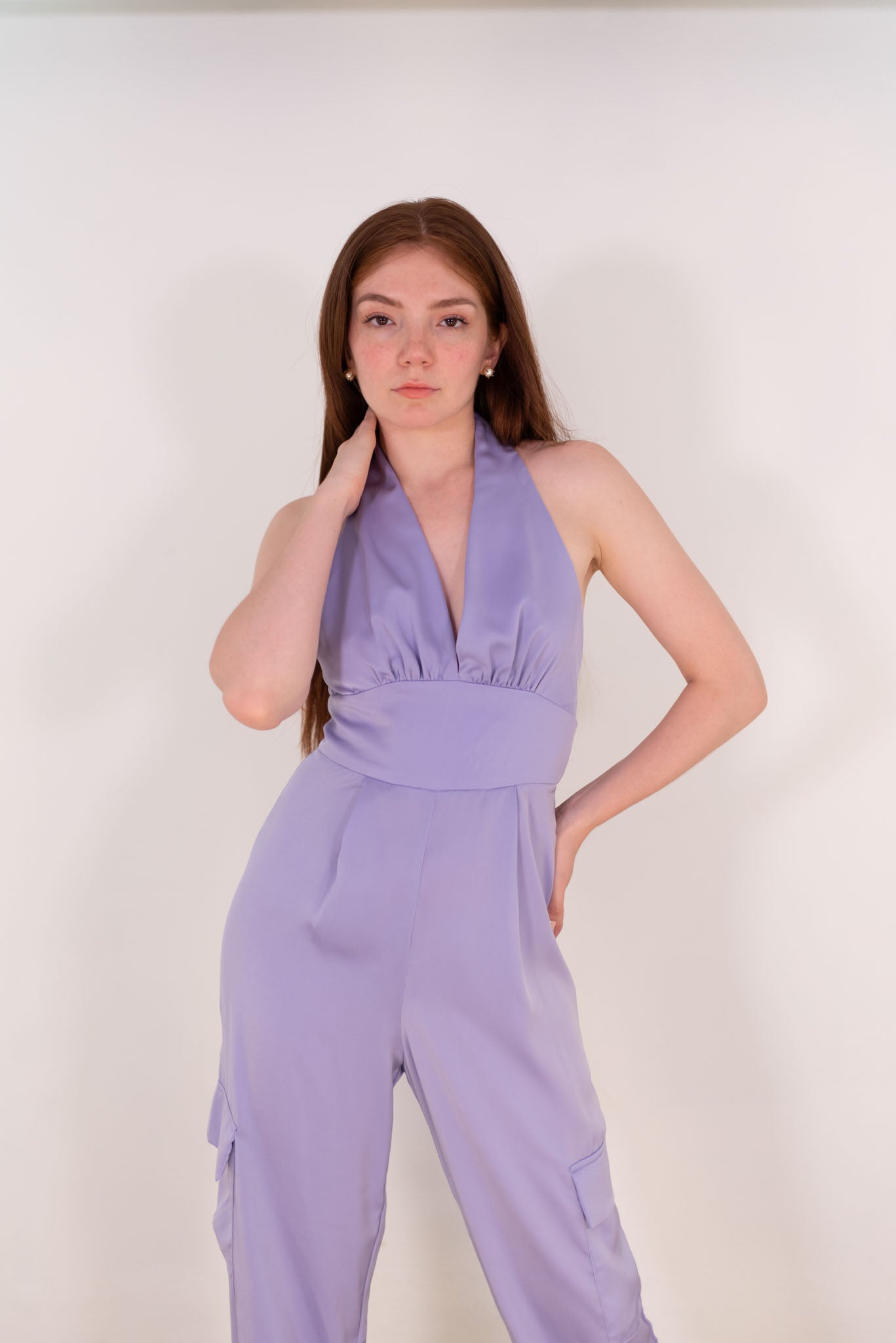 Lavender Satin Cargo Jumpsuit