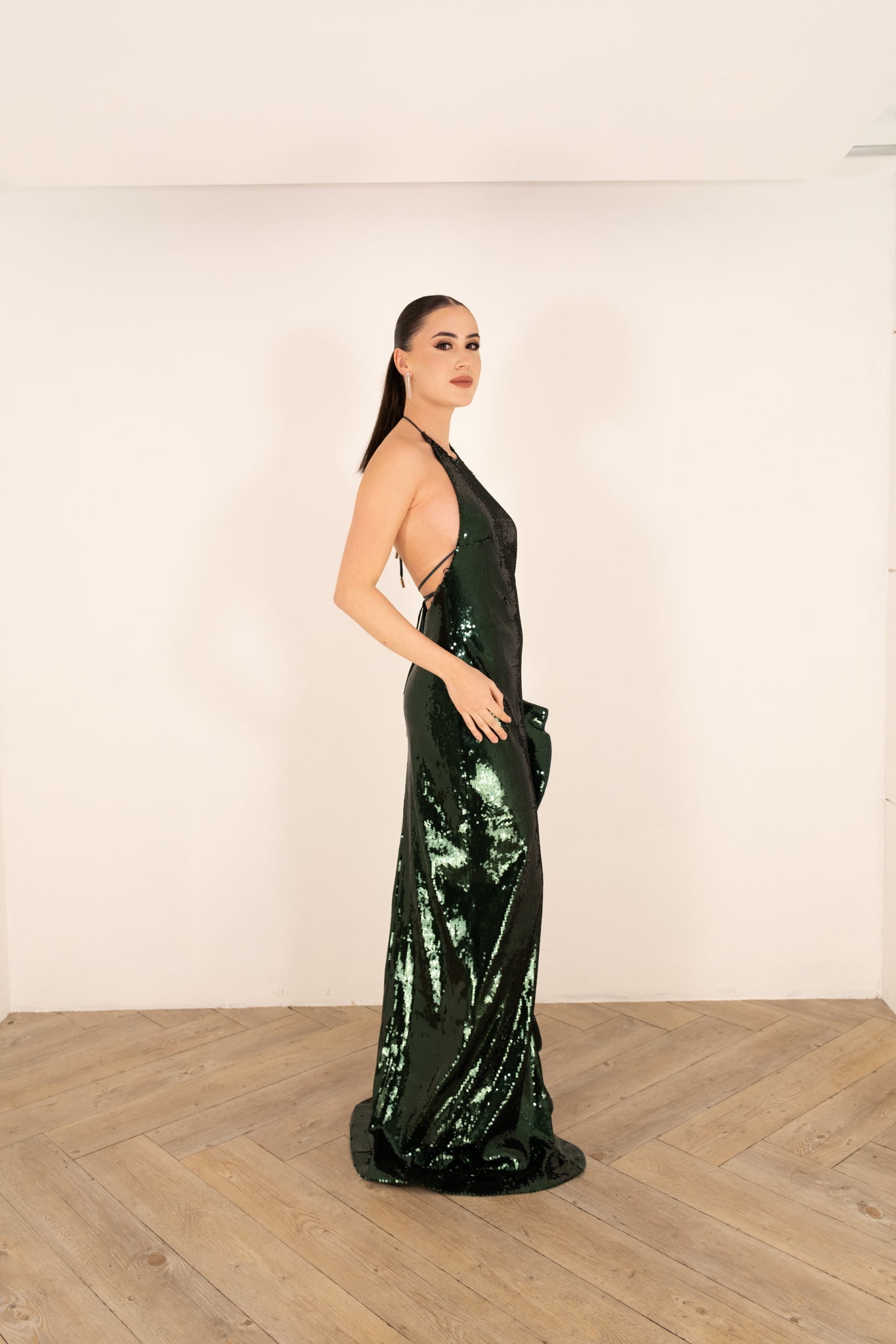 Hunter Green Sequin Halter Dress