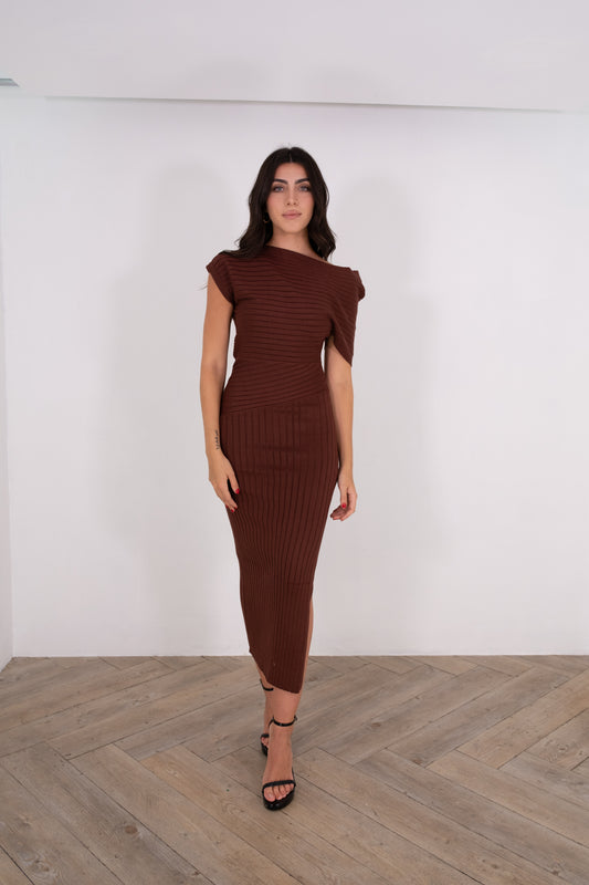 Brown Knit Slit Midi Dress