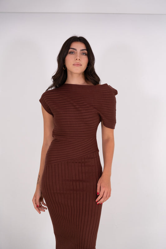 Brown Knit Slit Midi Dress