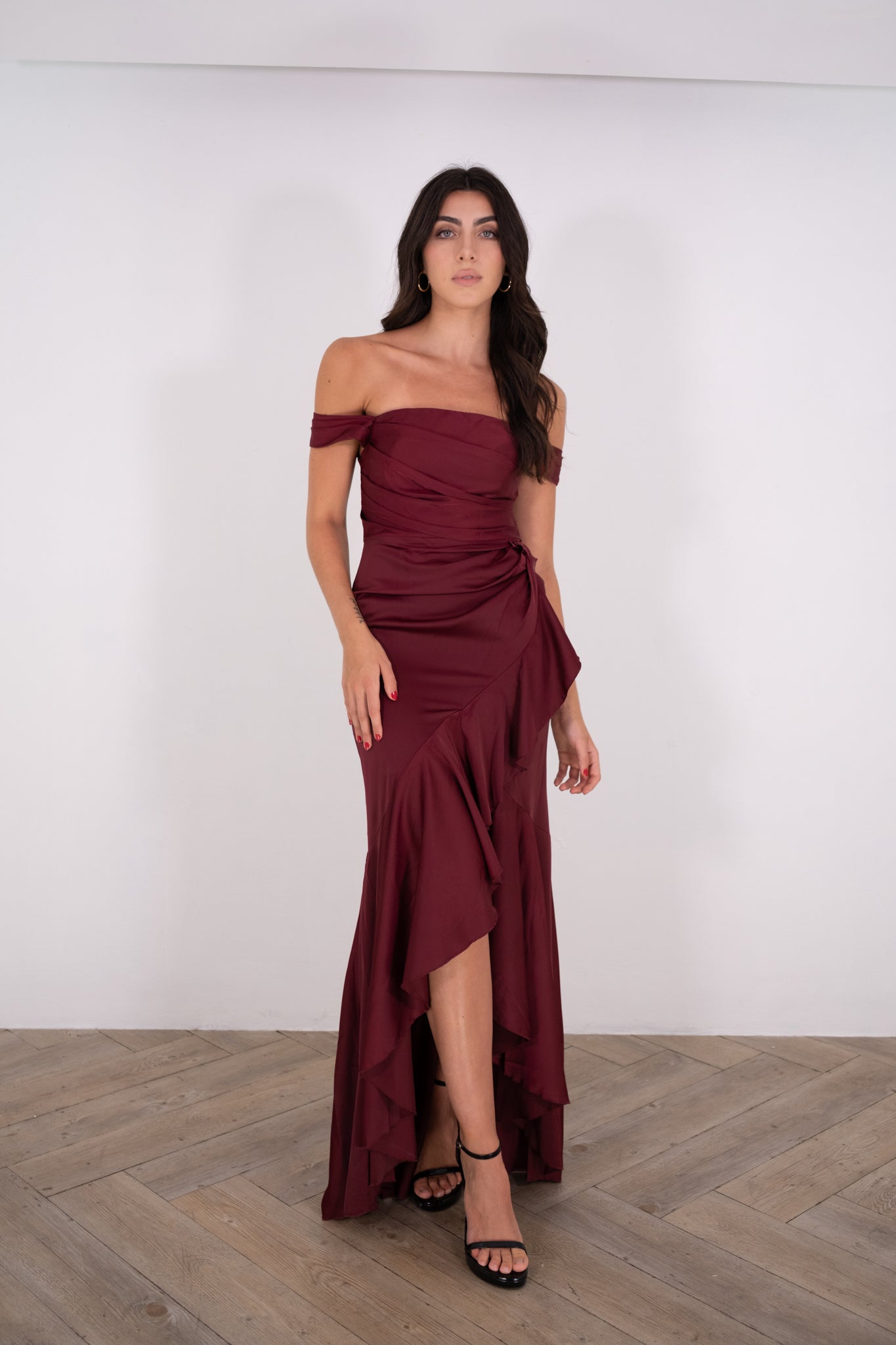 Wine Off Shoulder Dress