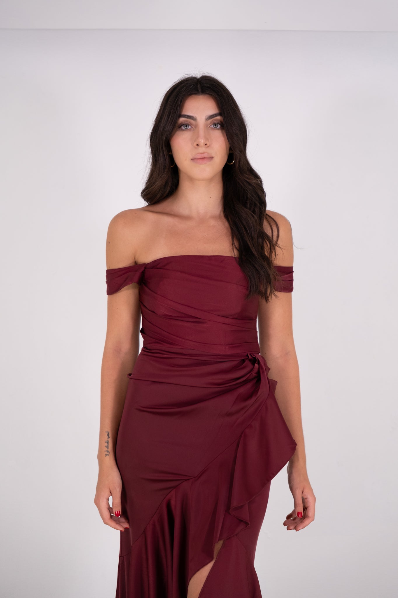 Wine Off Shoulder Dress